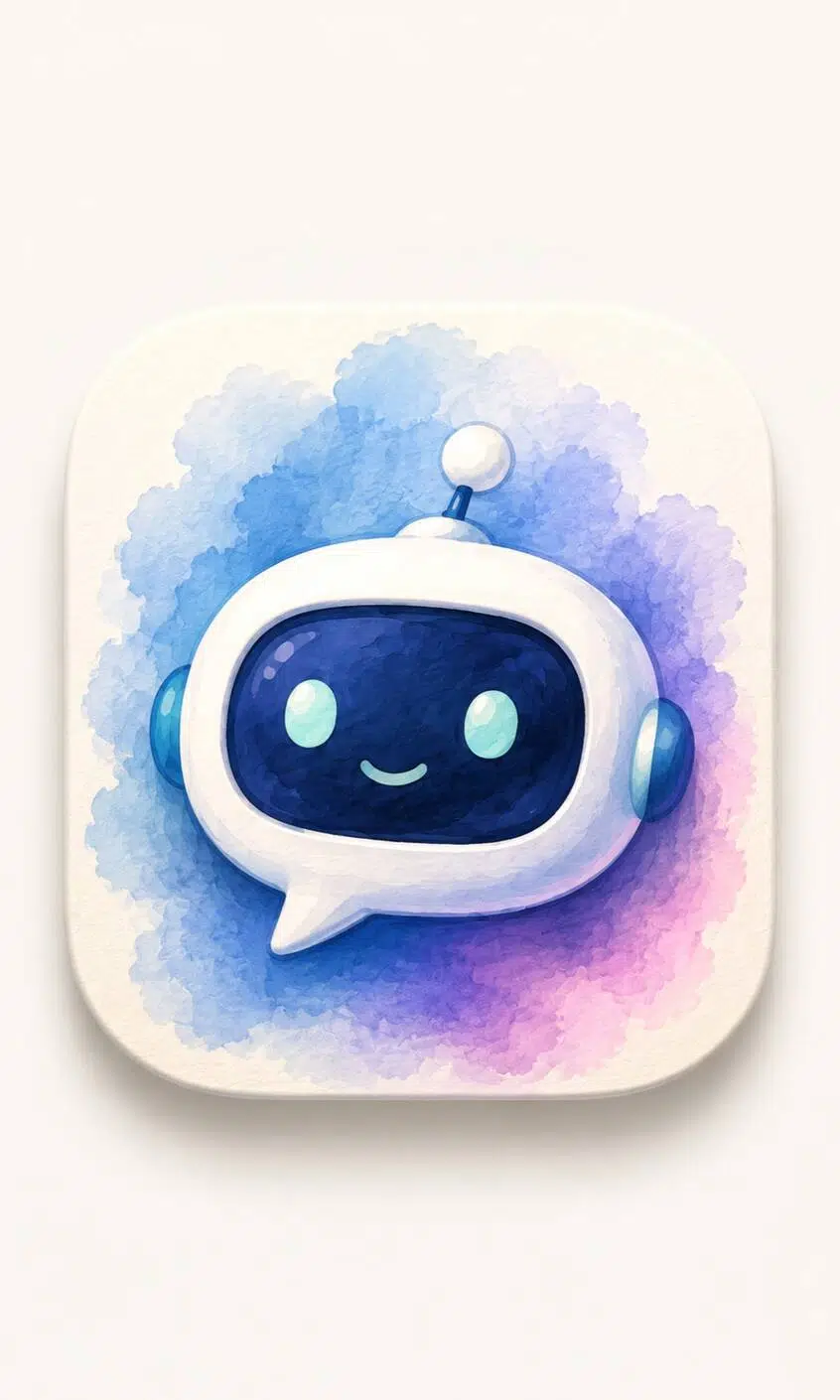 Watercolor chatbot app icon with a cute robot speech bubble design