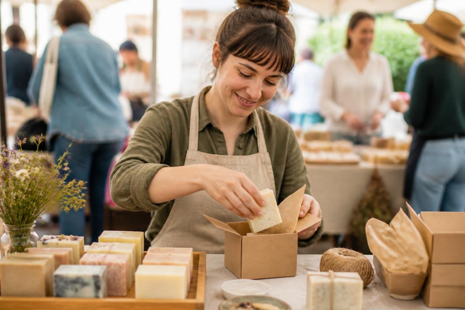 crafter packing handmade soaps