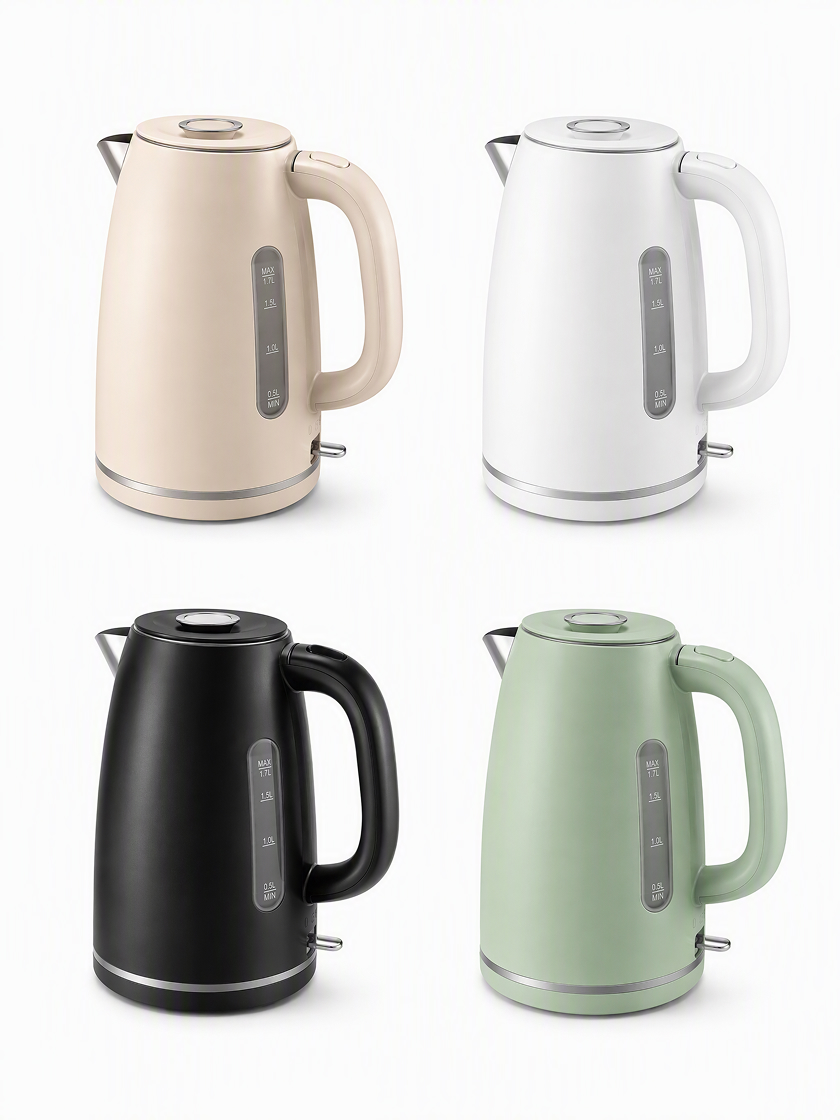 Four electric kettle color variants in beige, white, black, and sage green.