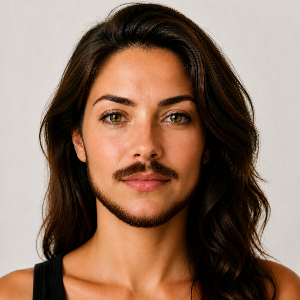 Woman trying a funny facial hair style with the AI beard filter.