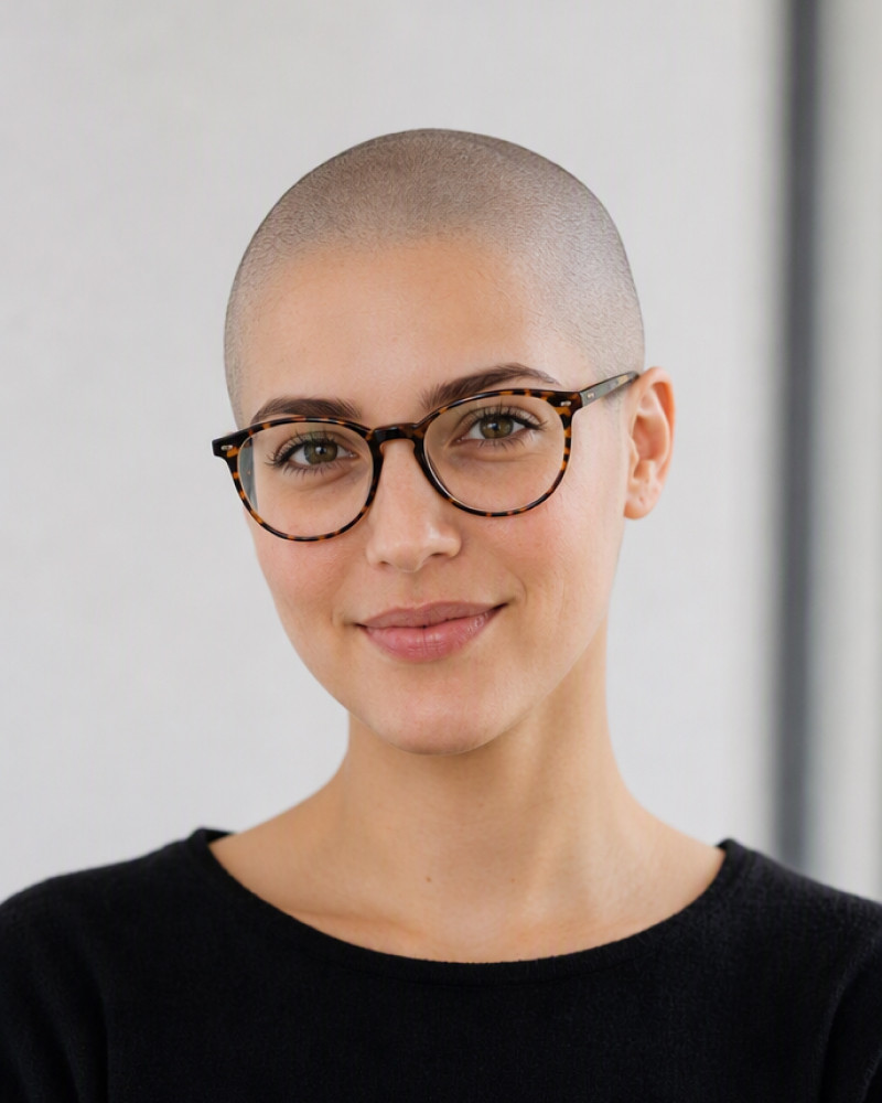 Bald filter result on the same woman with glasses