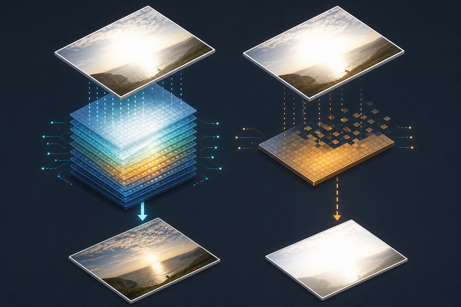 Diagram comparing rich RAW sensor data that can recover bright highlights versus compressed JPEG data with clipped, unrecoverable whites.