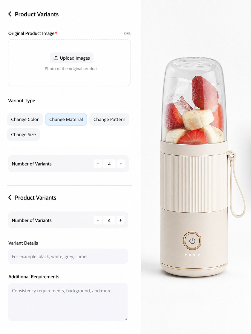 Original cream portable blender filled with sliced fruit beside the material variant settings.