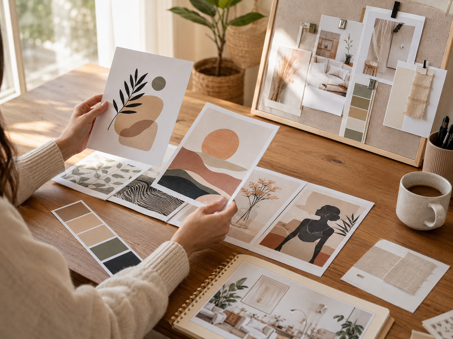 Hands choosing poster references with mood board and color swatches Hands choosing poster references with mood board and color swatches.