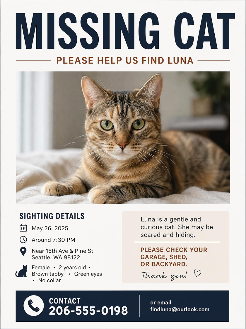 AI Generated Missing Cat Poster