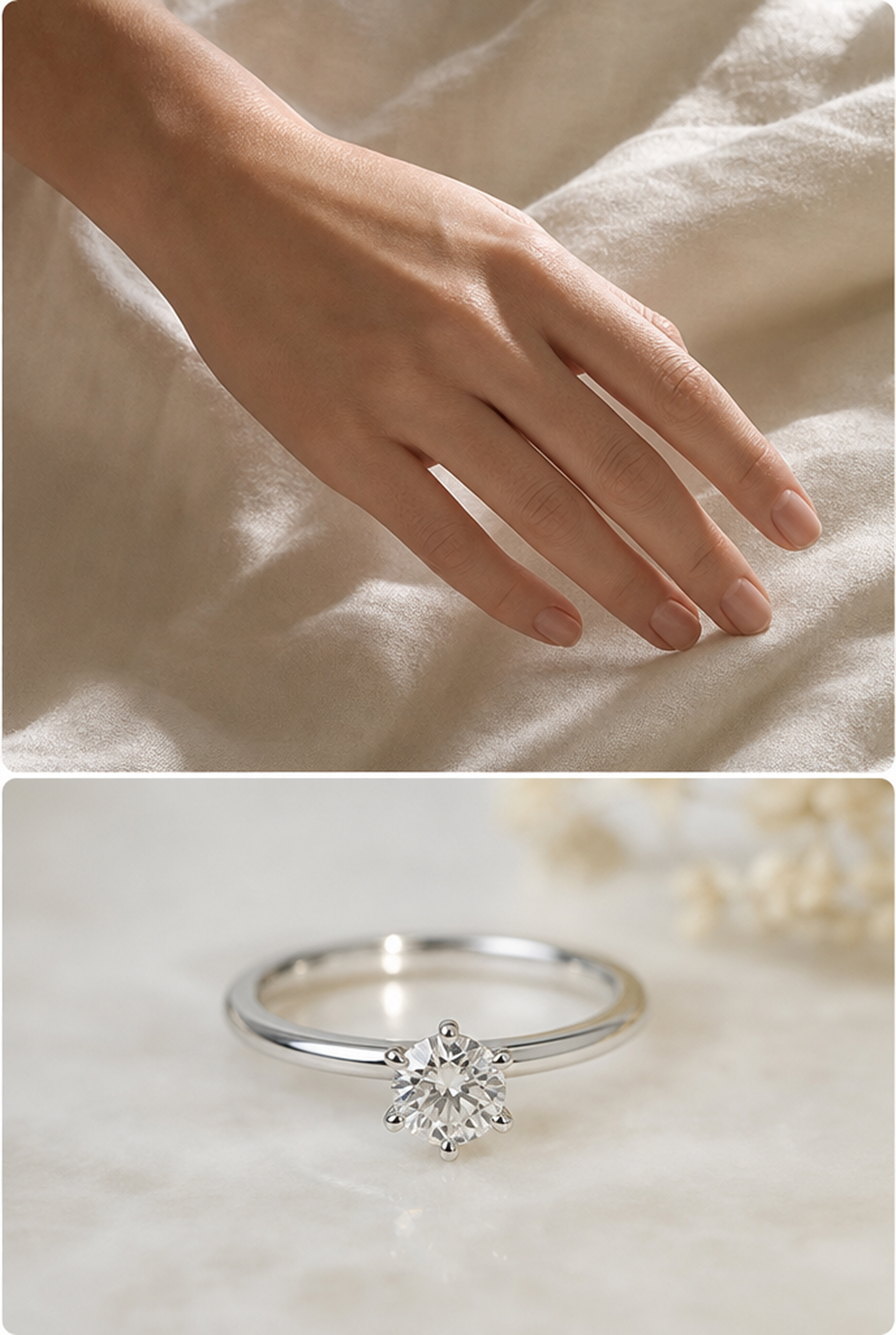Hand photo with a solitaire diamond ring reference