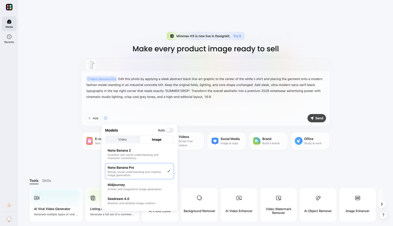 How to Create AI Visuals With Designkit Choose Nano Banana Model and Add Your Prompt