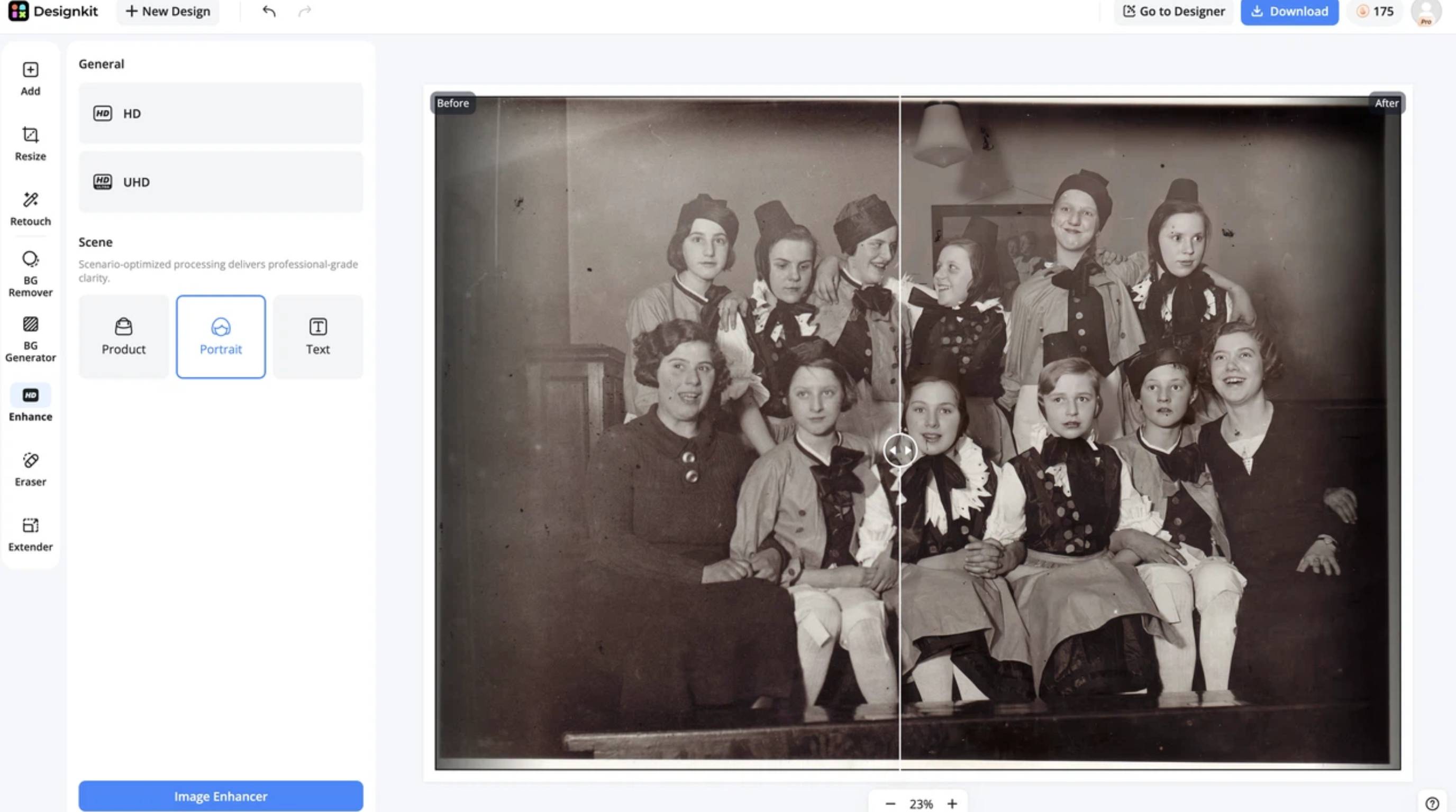 3 simple steps to improve old photo quality with Designkit Download your restored photo