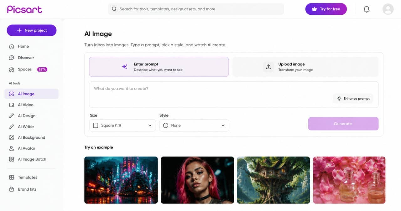 How to create AI visuals with Picsart Upload an image or start with an AI prompt