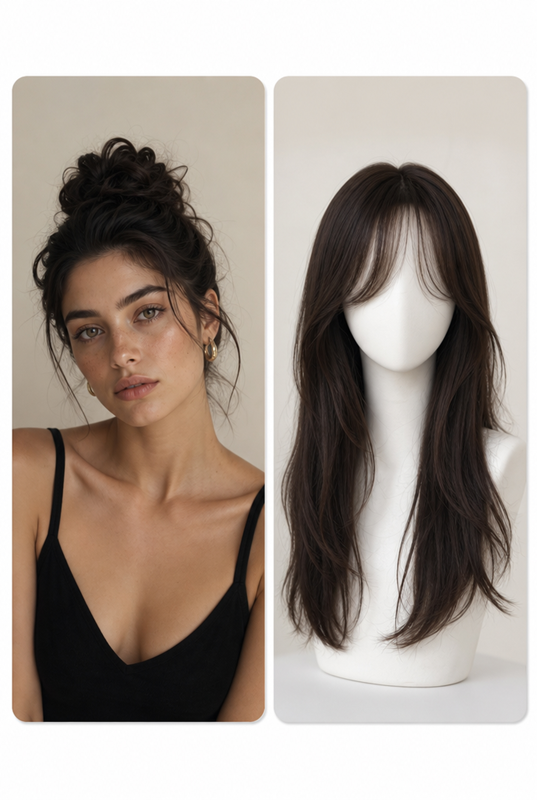 Portrait photo with a long curtain bangs hairstyle reference
