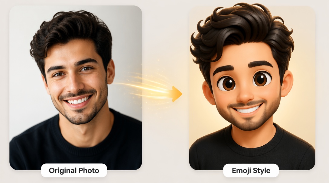 a person’s original photo transforming into a cute emoji-style character