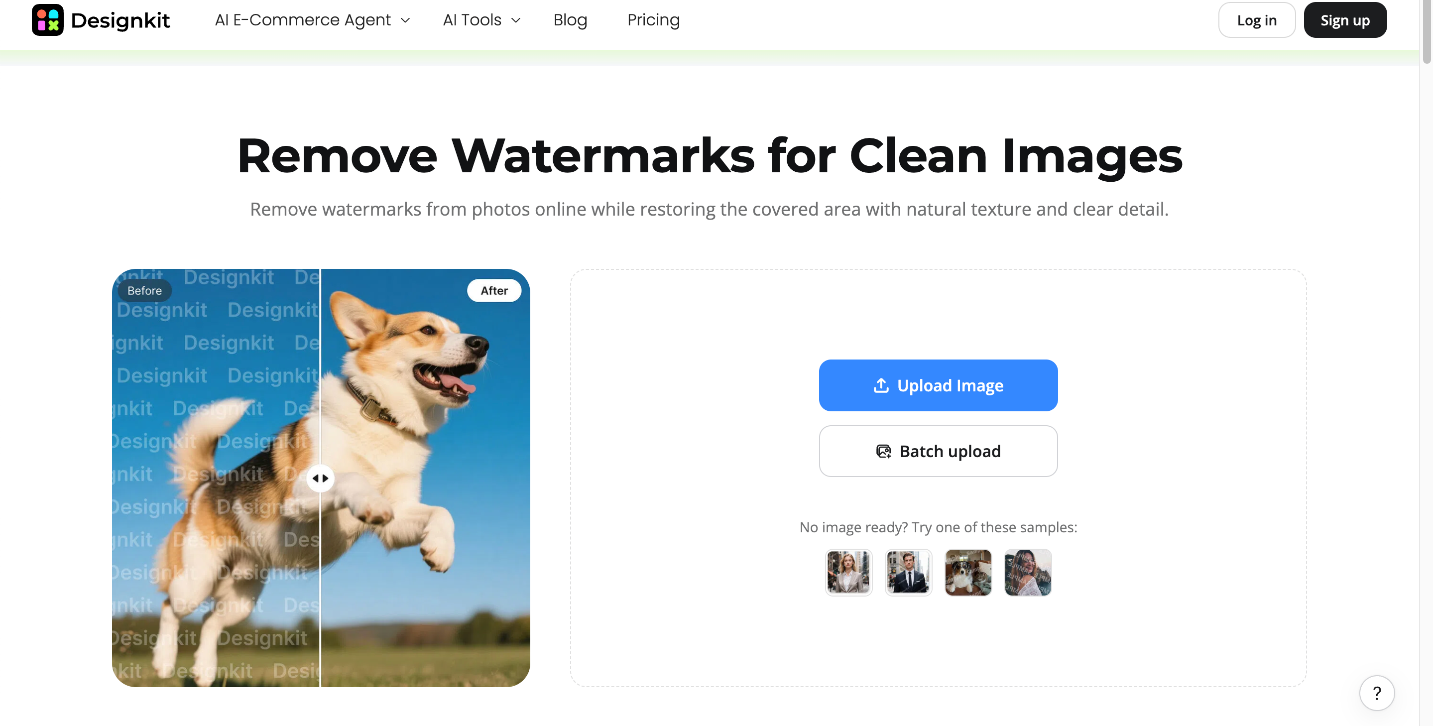 Remove Watermarks Faster With Designkit Designkit's AI Watermark Remover