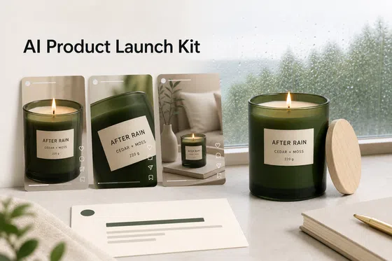 Hero candle photo with the title An AI Product Launch Kit.