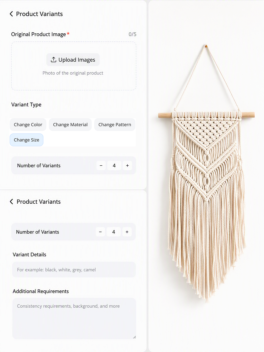 Original beige macramé wall hanging beside the visual size variant settings.
