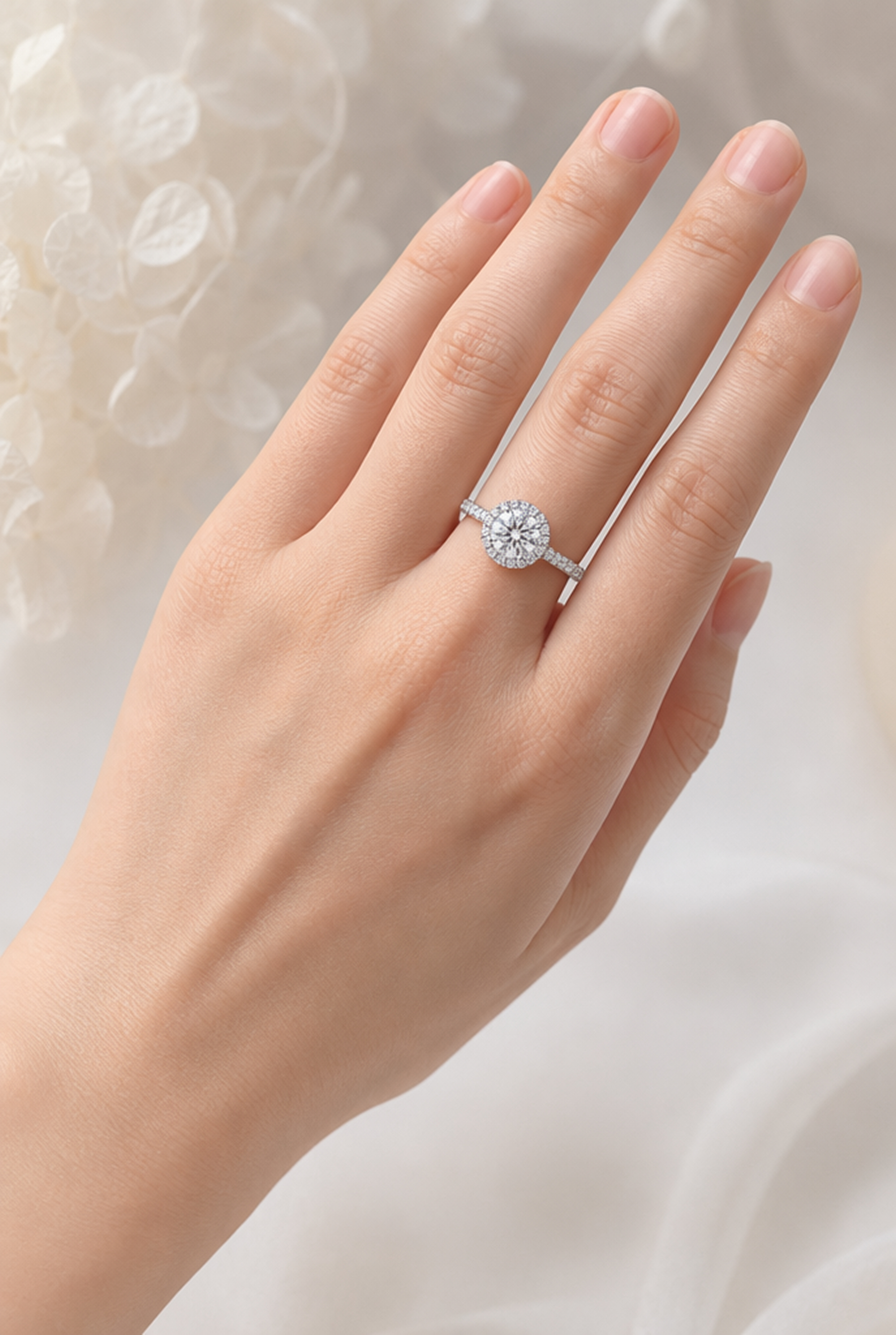 Halo engagement ring virtually placed on the hand