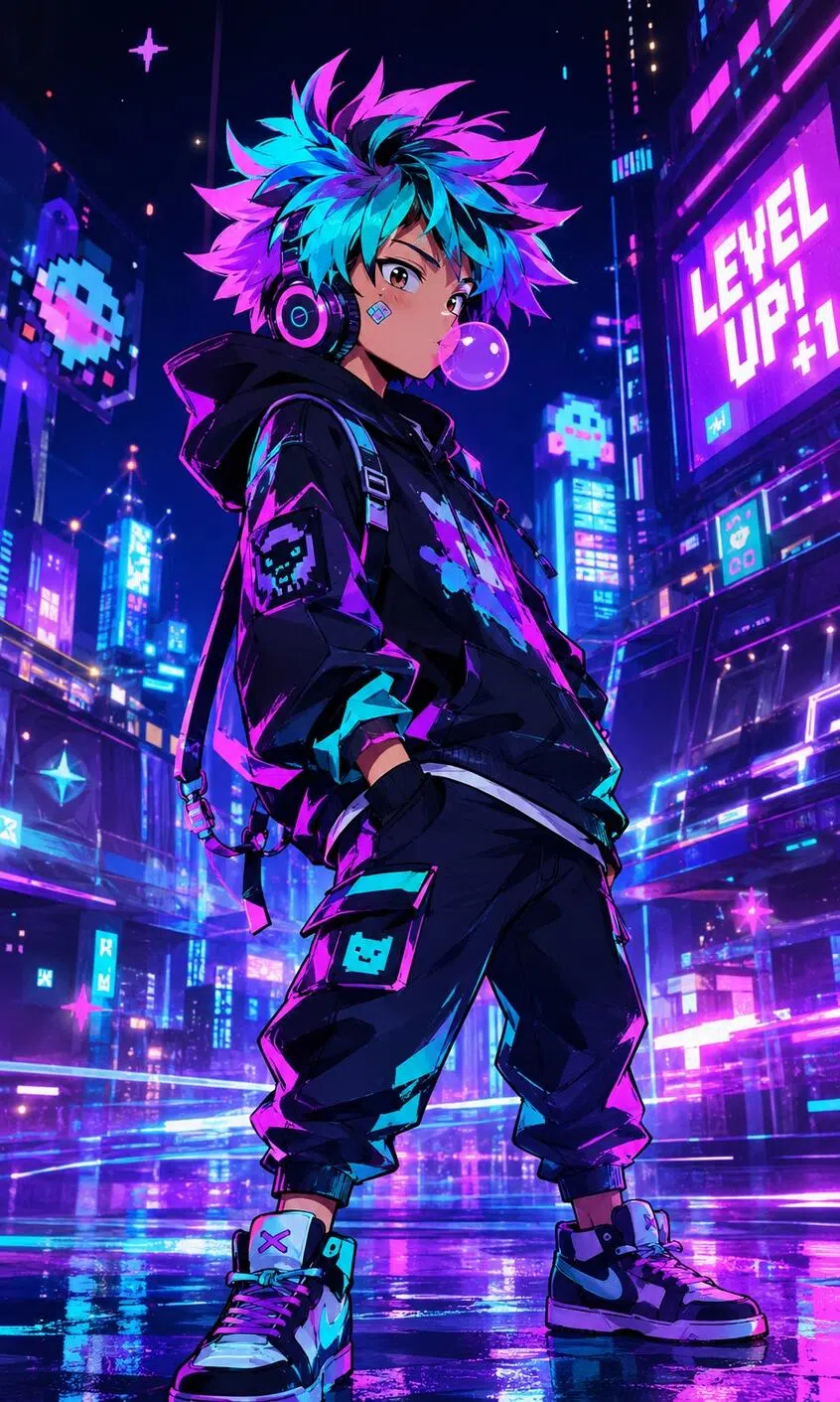 Neon cyberpunk anime character with blue and pink spiky hair in a futuristic city
