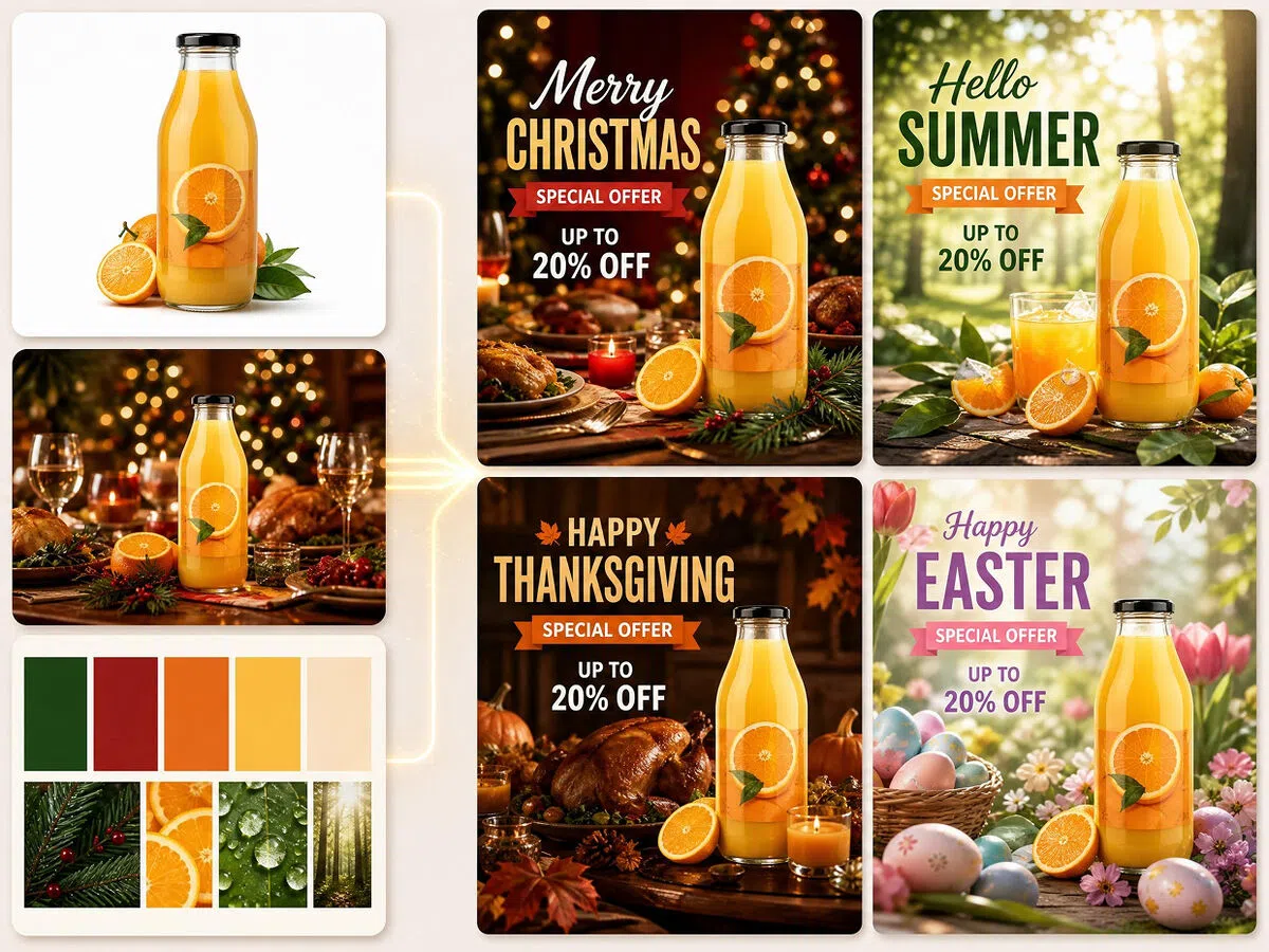 Create seasonal marketing posters from an existing product image