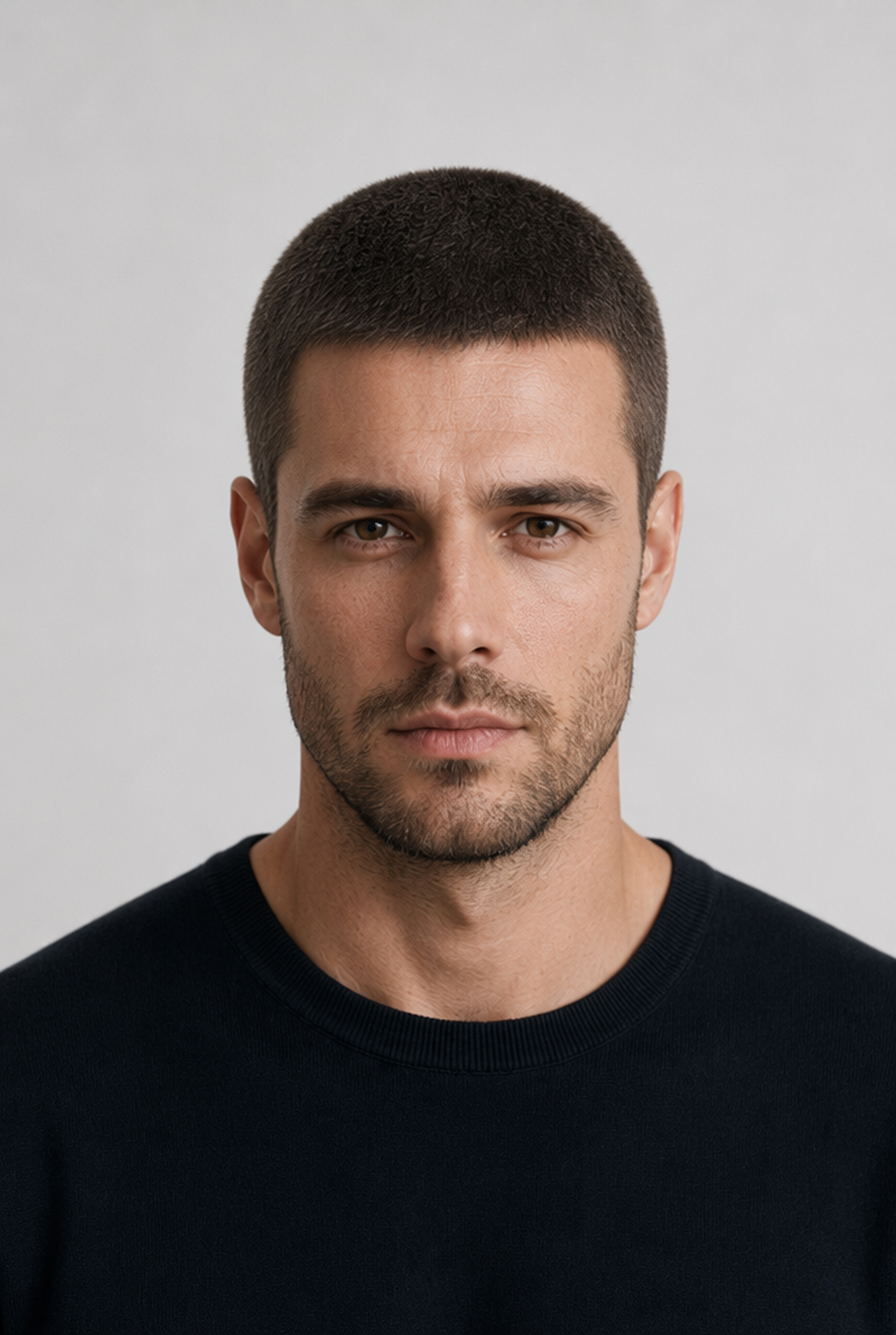 Man with a close even buzz cut