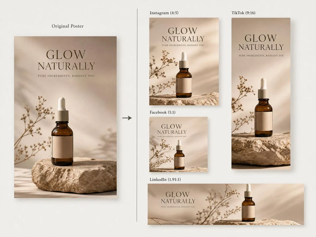 Create platform-sized social media posters for Instagram, TikTok, Facebook, and LinkedIn