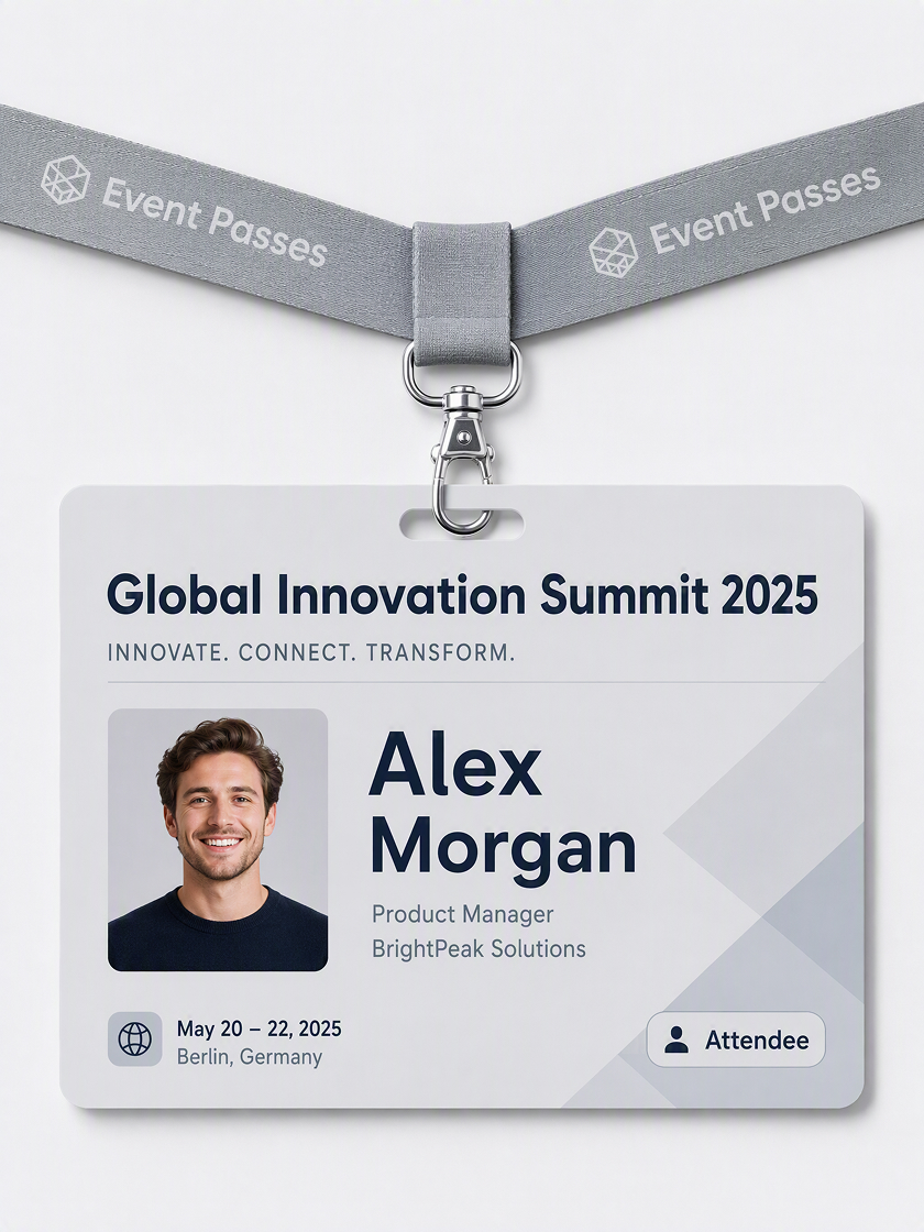 Event pass design with portrait area, attendee name, event title, role label, and access details.