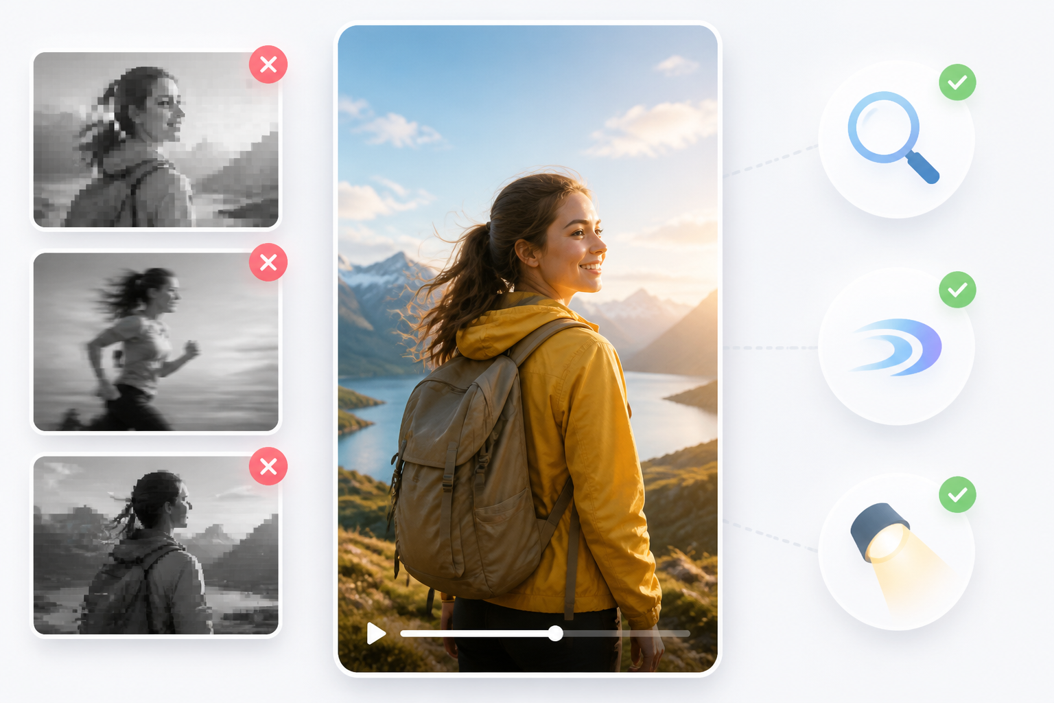 AI video quality review graphic showing subject detail, motion smoothness, and lighting in a vertical video frame. AI video quality review graphic showing subject detail, motion smoothness, and lighting in a vertical video frame.