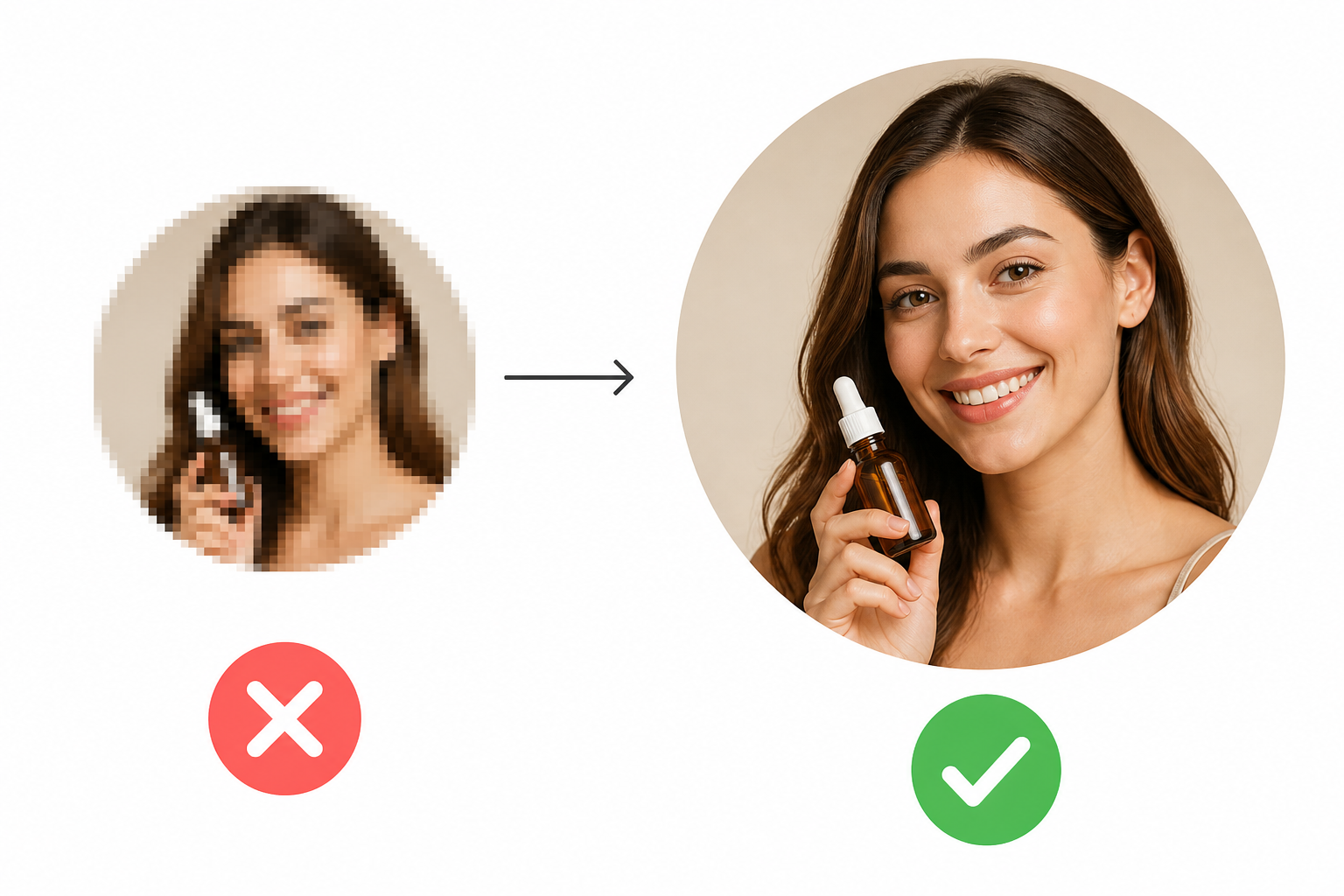 Comparison of a blurry upscaled circular crop versus a sharp circular crop from a high-resolution image.