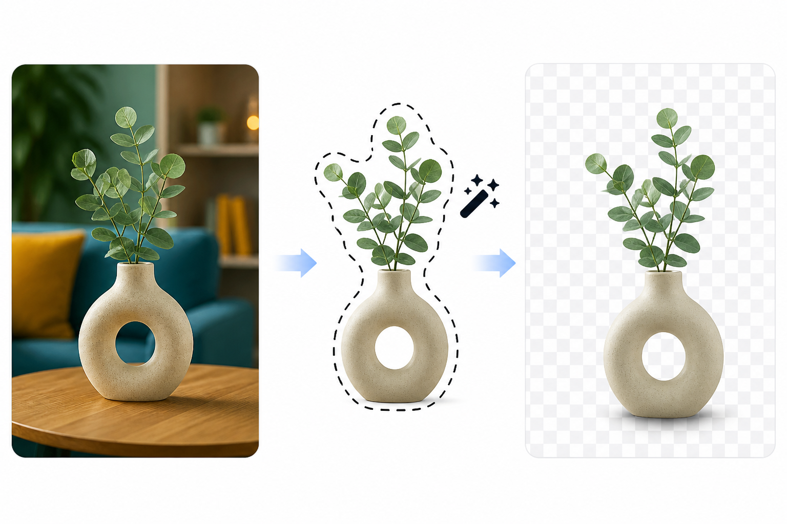AI background removal: a subject cut out from a busy photo onto a transparent checkerboard background.
