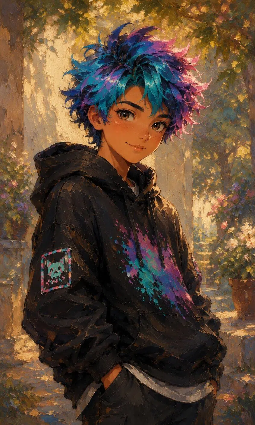 Impressionist oil painting style cartoon character in a sunlit garden