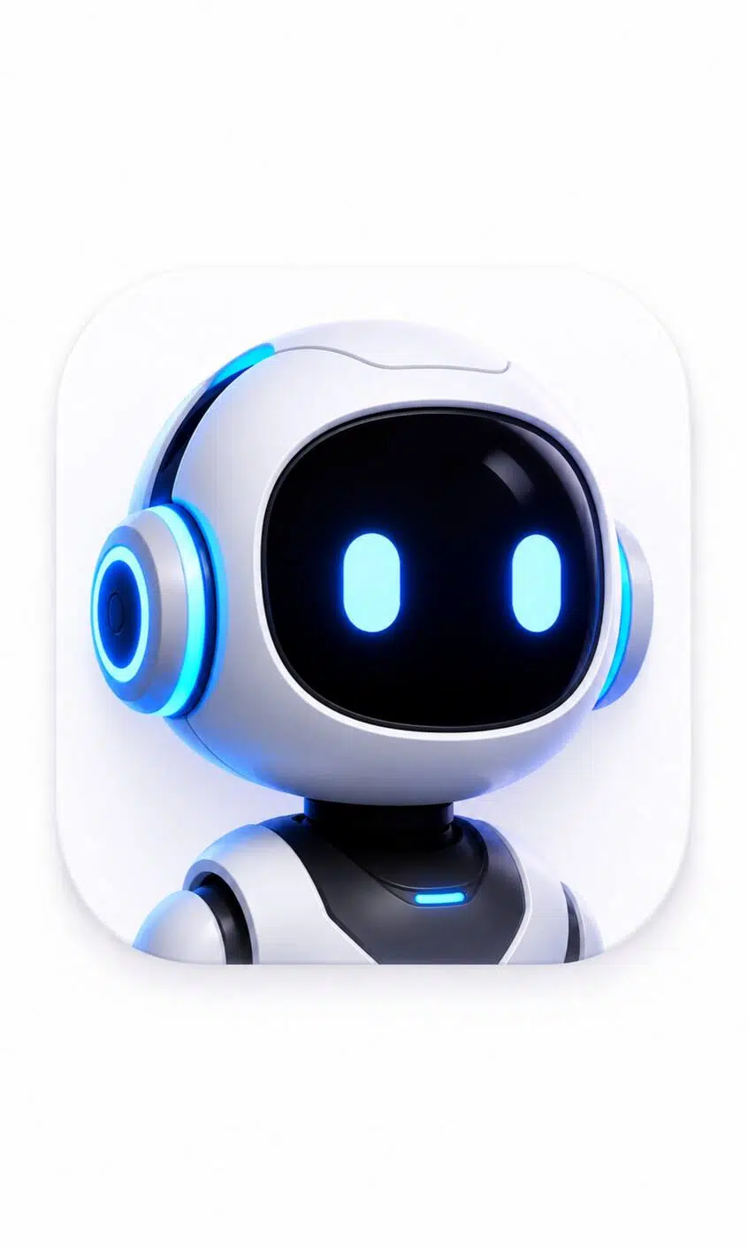 3D robot app icon with glowing blue details on a clean white background