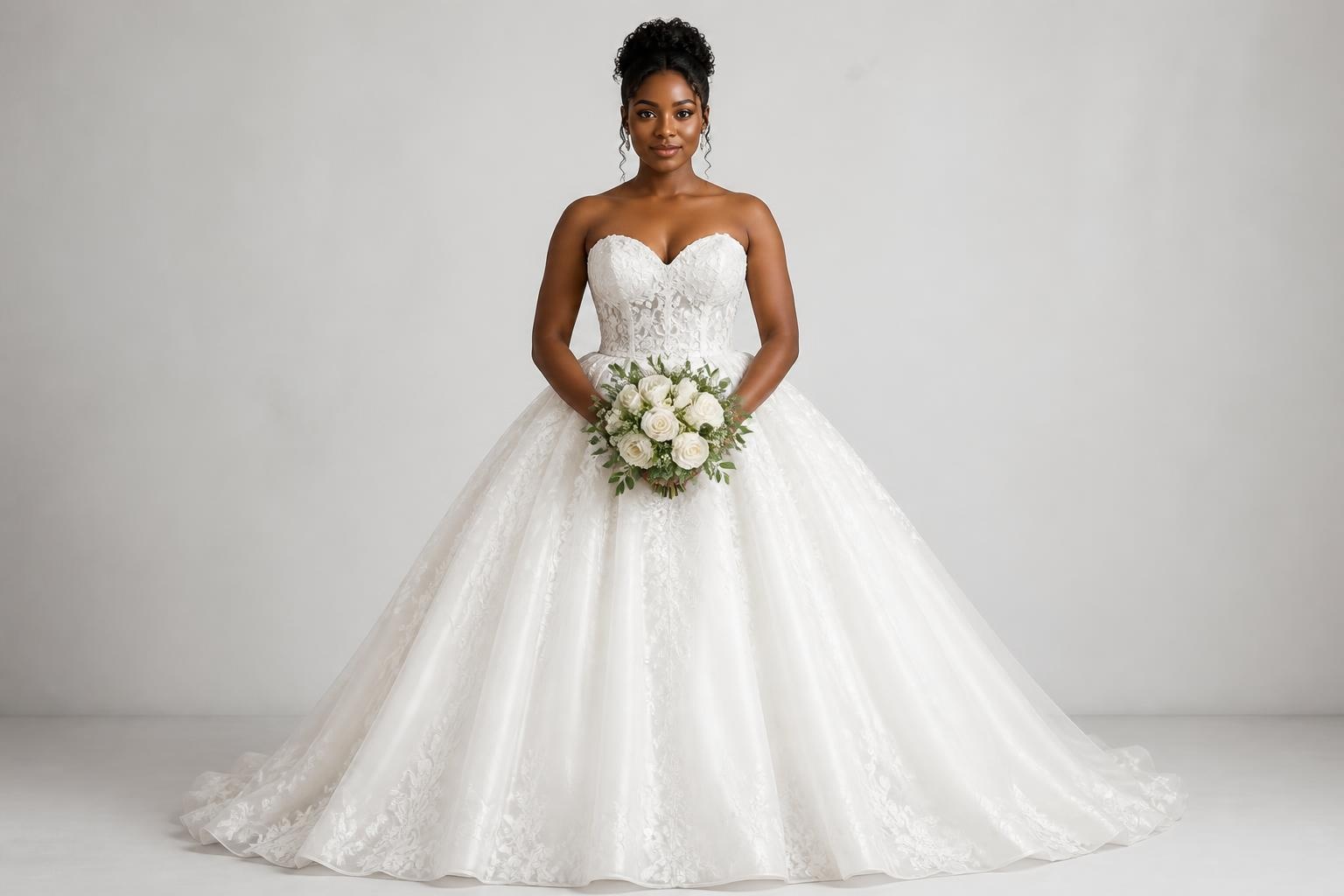 Athletic inverted-triangle bride in a ball gown wedding dress