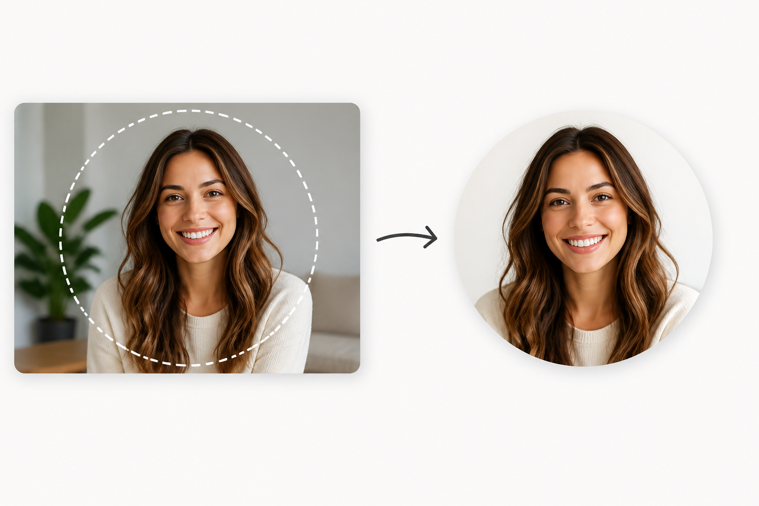 Rectangular photo with a centered circle crop guide converted into a circular image.