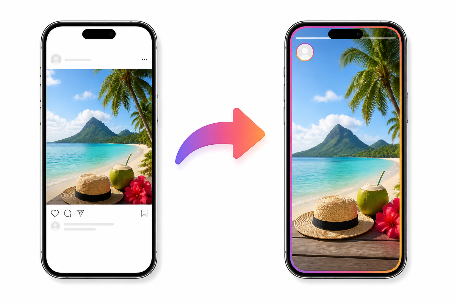 Illustration of reposting an Instagram photo from one phone feed to another feed or story.