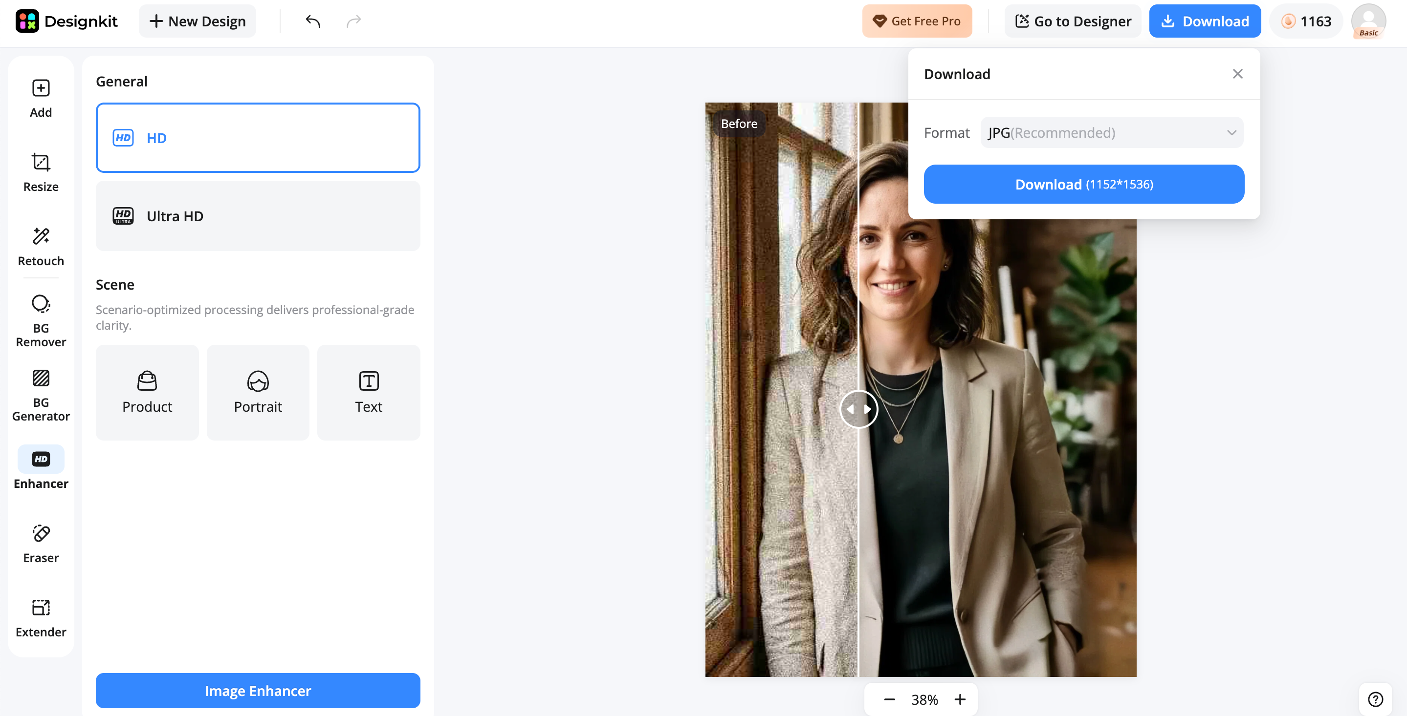 How to improve pixelated images with Designkit Export the enhanced image