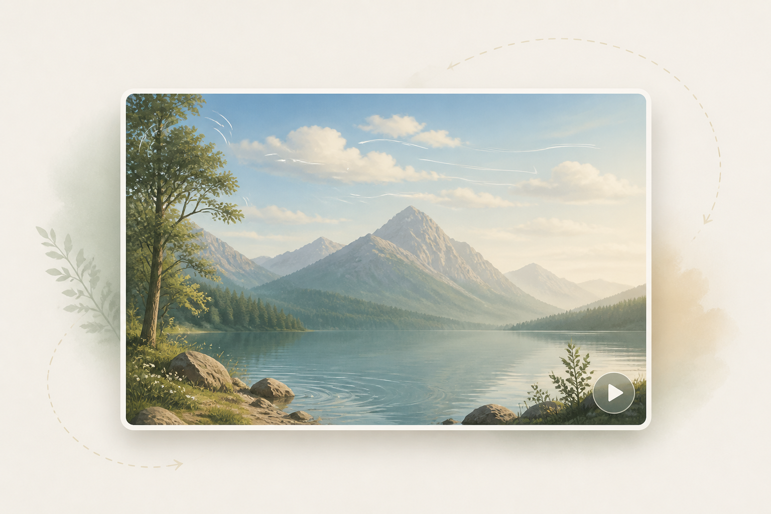 Illustration of a landscape photo with subtle motion cues for clouds, water, and trees when animating a picture background. Illustration of a landscape photo with subtle motion cues for clouds, water, and trees when animating a picture background.