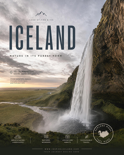 Iceland waterfall travel poster