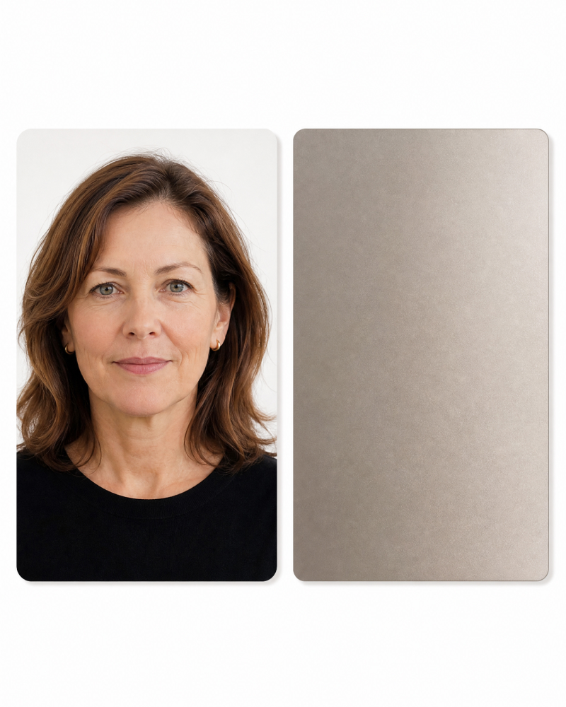 Portrait photo with a soft silver gray color swatch
