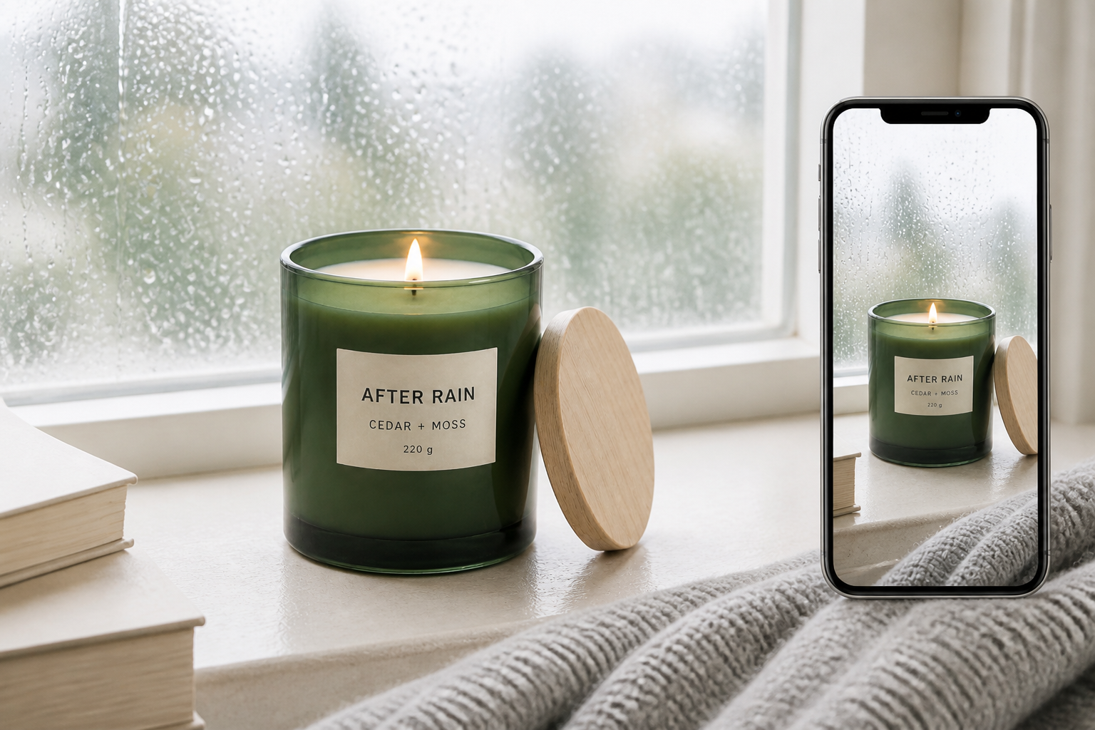 Bright rainy-window product shot of the After Rain candle, with the same scene shown on a vertical phone screen.