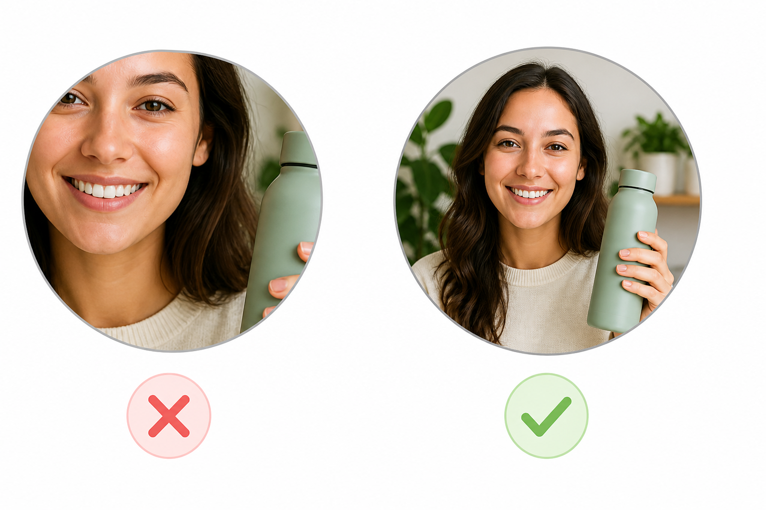Circular crop that clips face and product edges versus a crop that keeps important details intact.