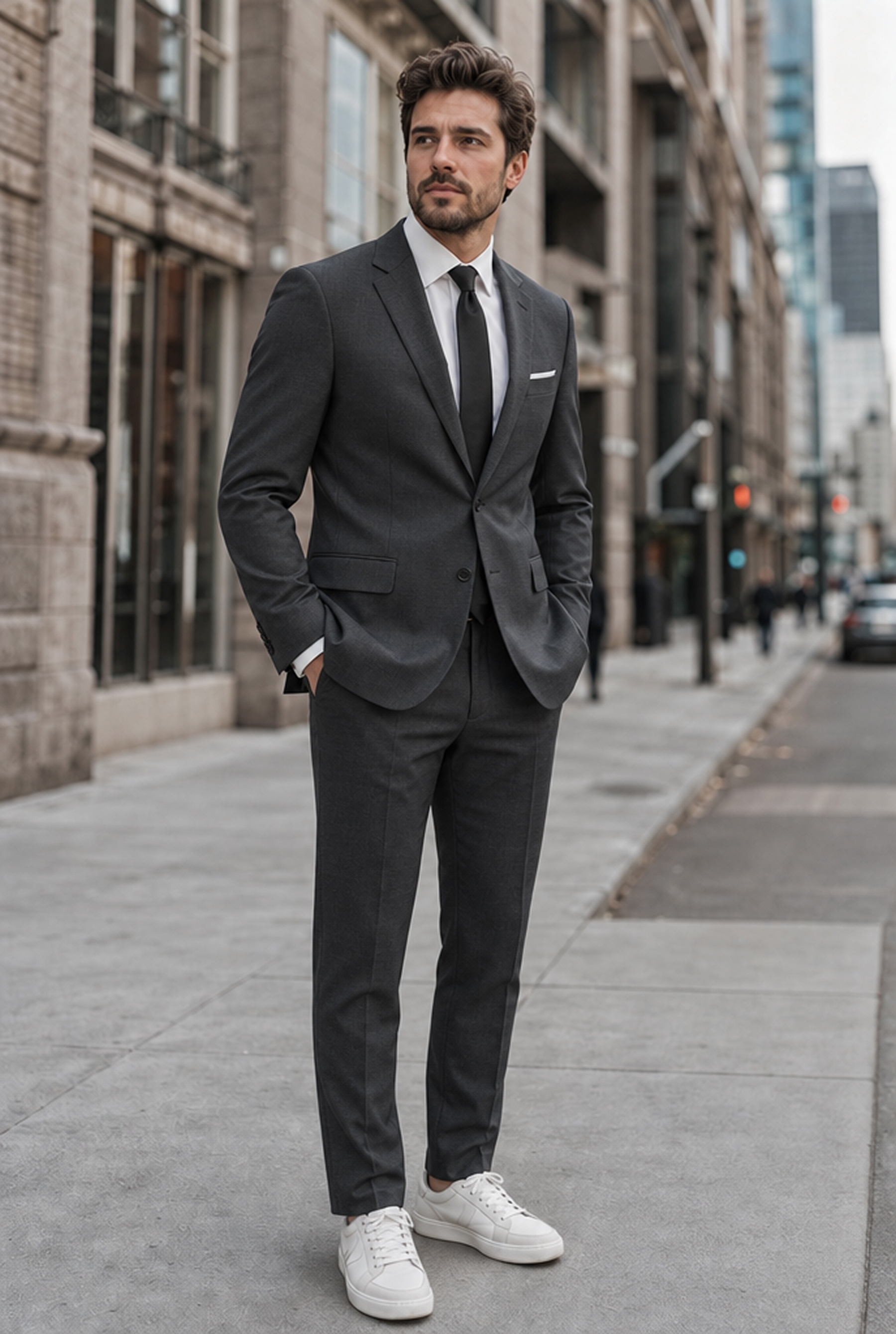 Same man wearing the referenced black suit on a city street