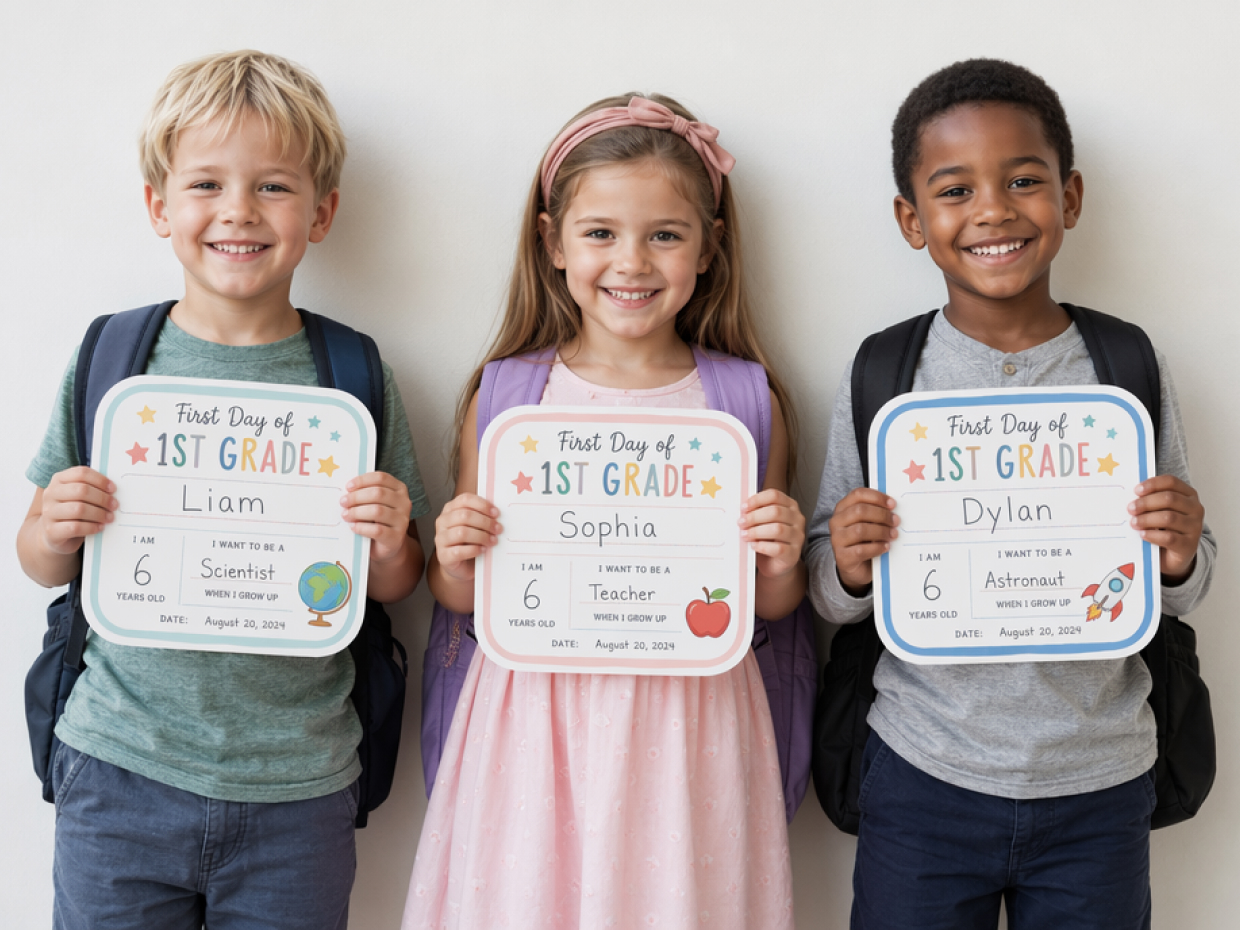 children holding first day of school sign