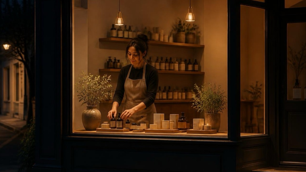seller arranging products in her own store