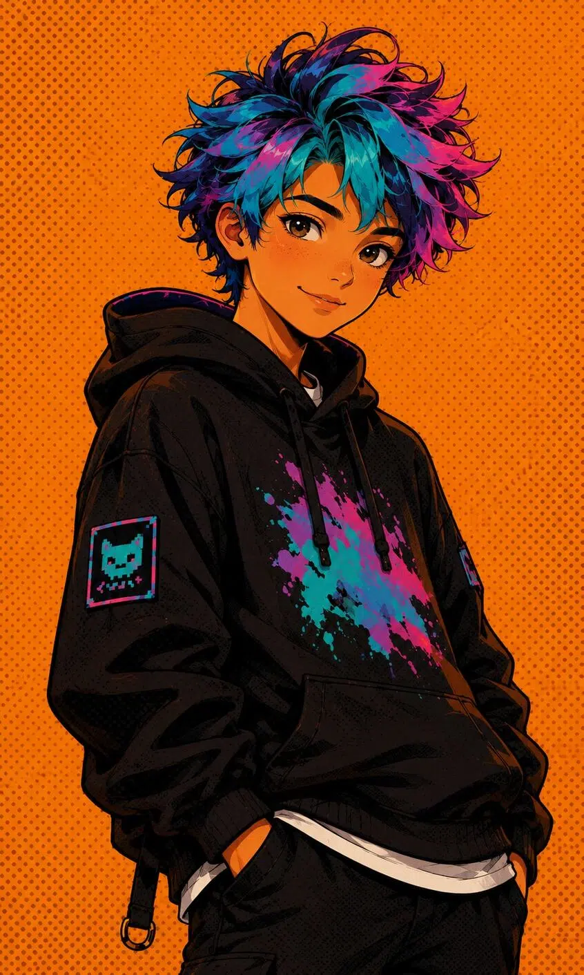 Pop art comic book cartoon character with bright hair on an orange halftone background