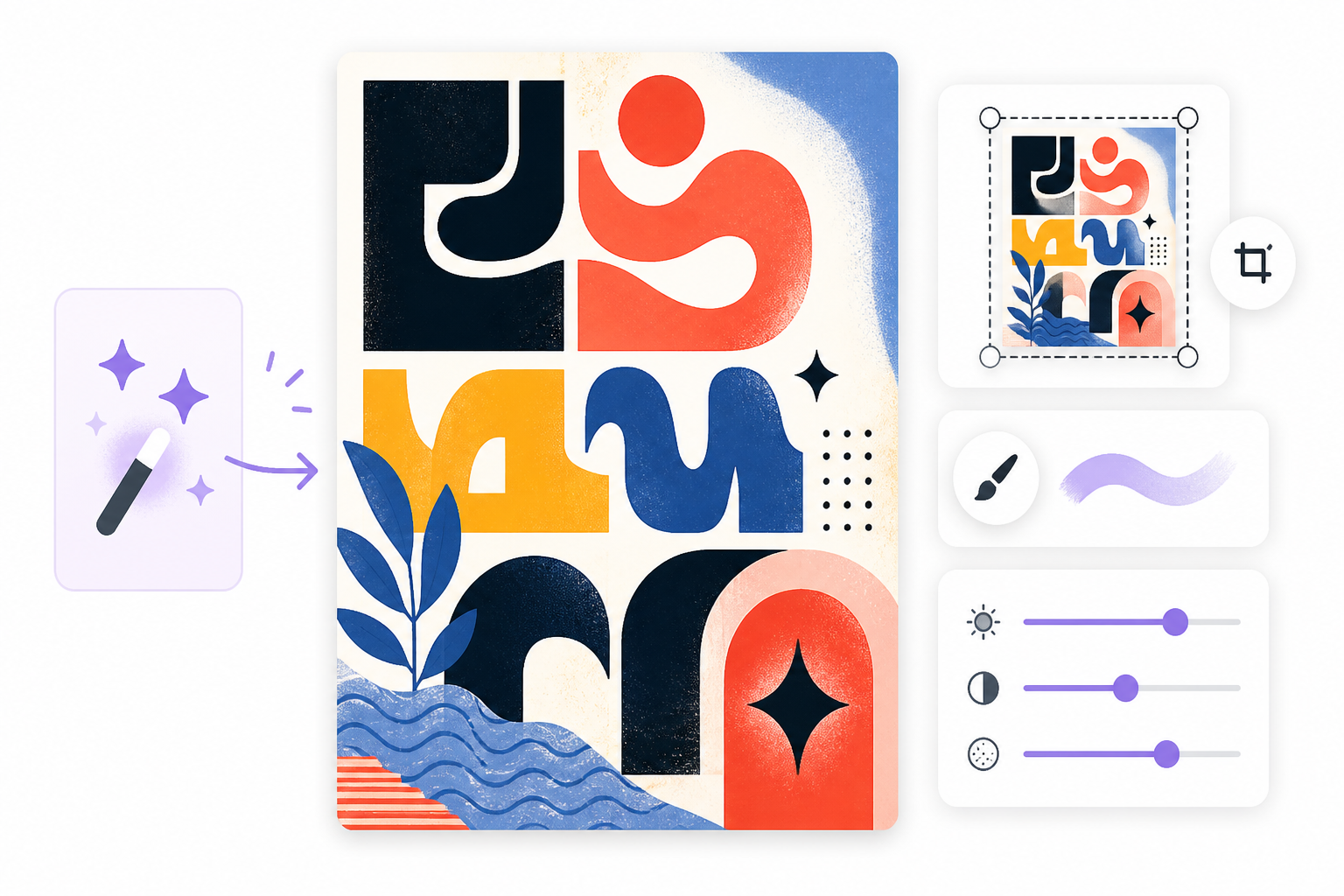 Ideogram-style AI image features: poster typography layout, creative style guidance, and canvas editing tools.