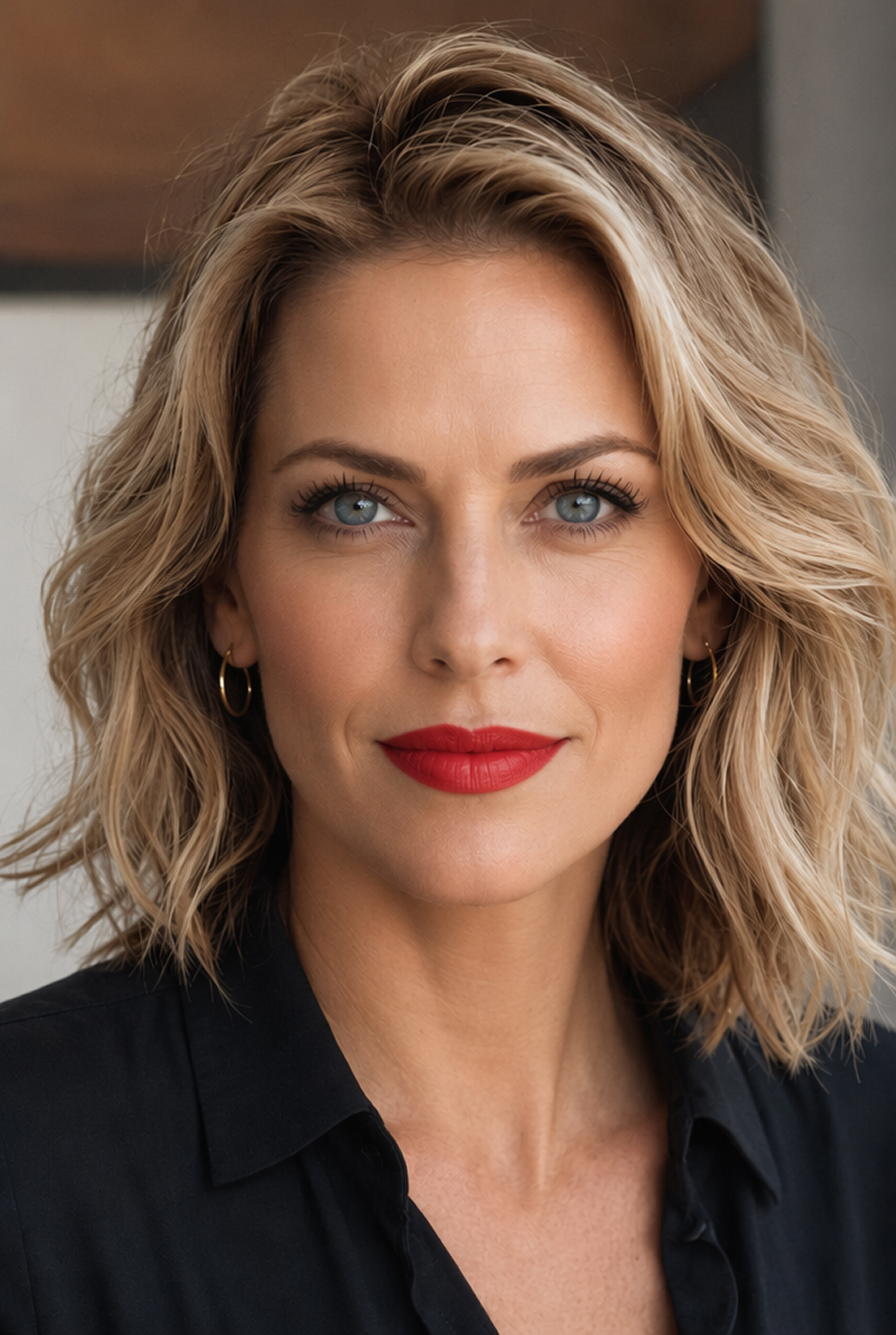 Mature woman with refined makeup and red lipstick