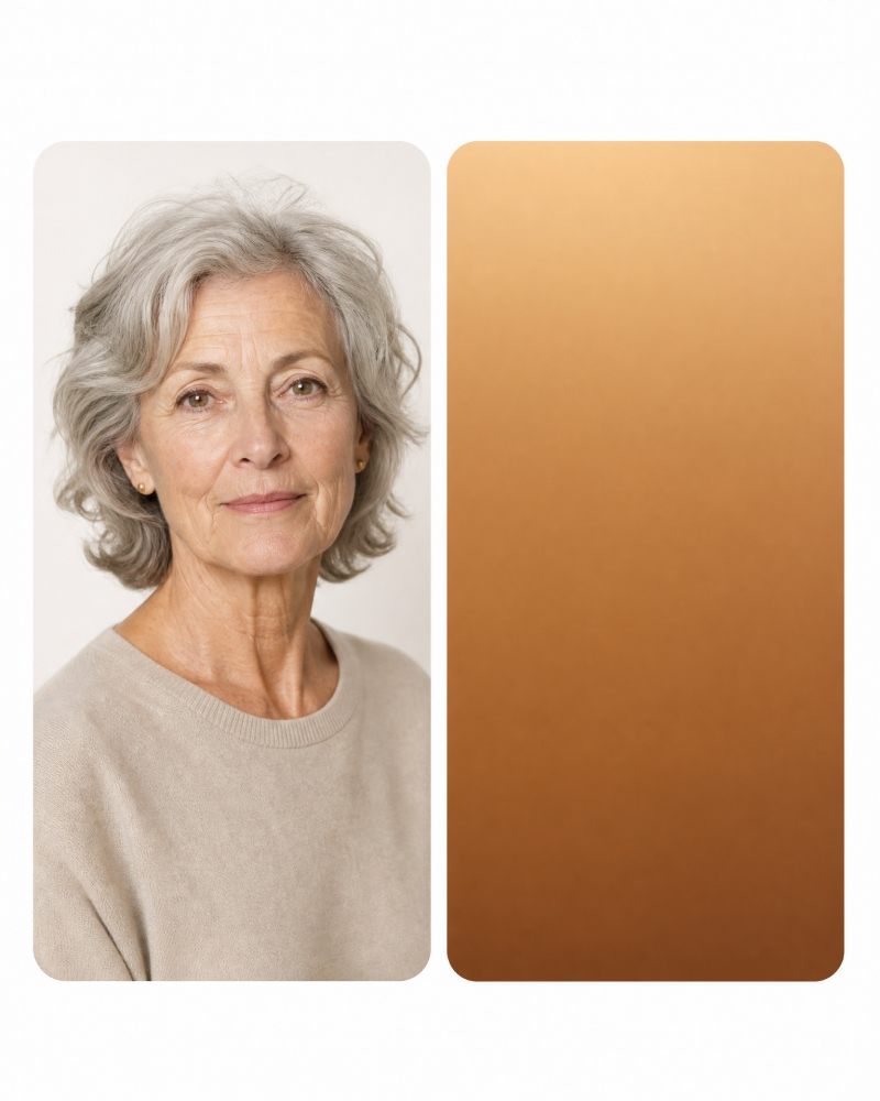 Portrait photo with a warm golden caramel color swatch