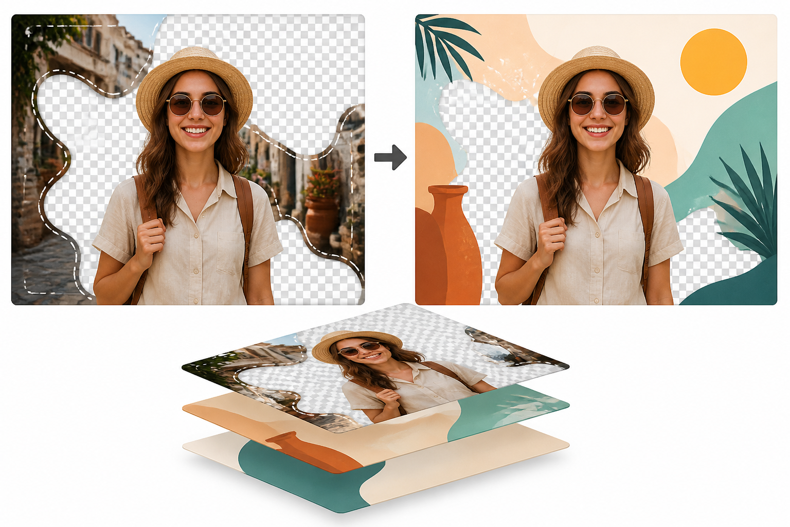 Partial transparency applied to selected areas of an image, then stacked in a layered design so background elements show through.