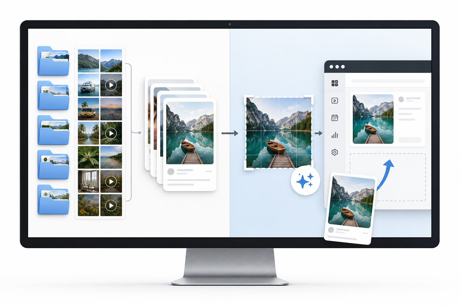 Desktop Instagram workflow showing organized assets, batched content, image optimization, and side-by-side creation and publishing. Desktop Instagram workflow showing organized assets, batched content, image optimization, and side-by-side creation and publishing.