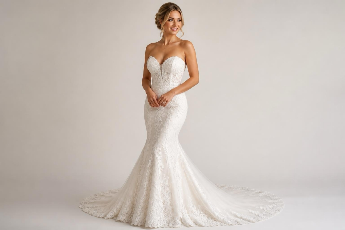 Hourglass-shaped bride in a fitted mermaid wedding dress