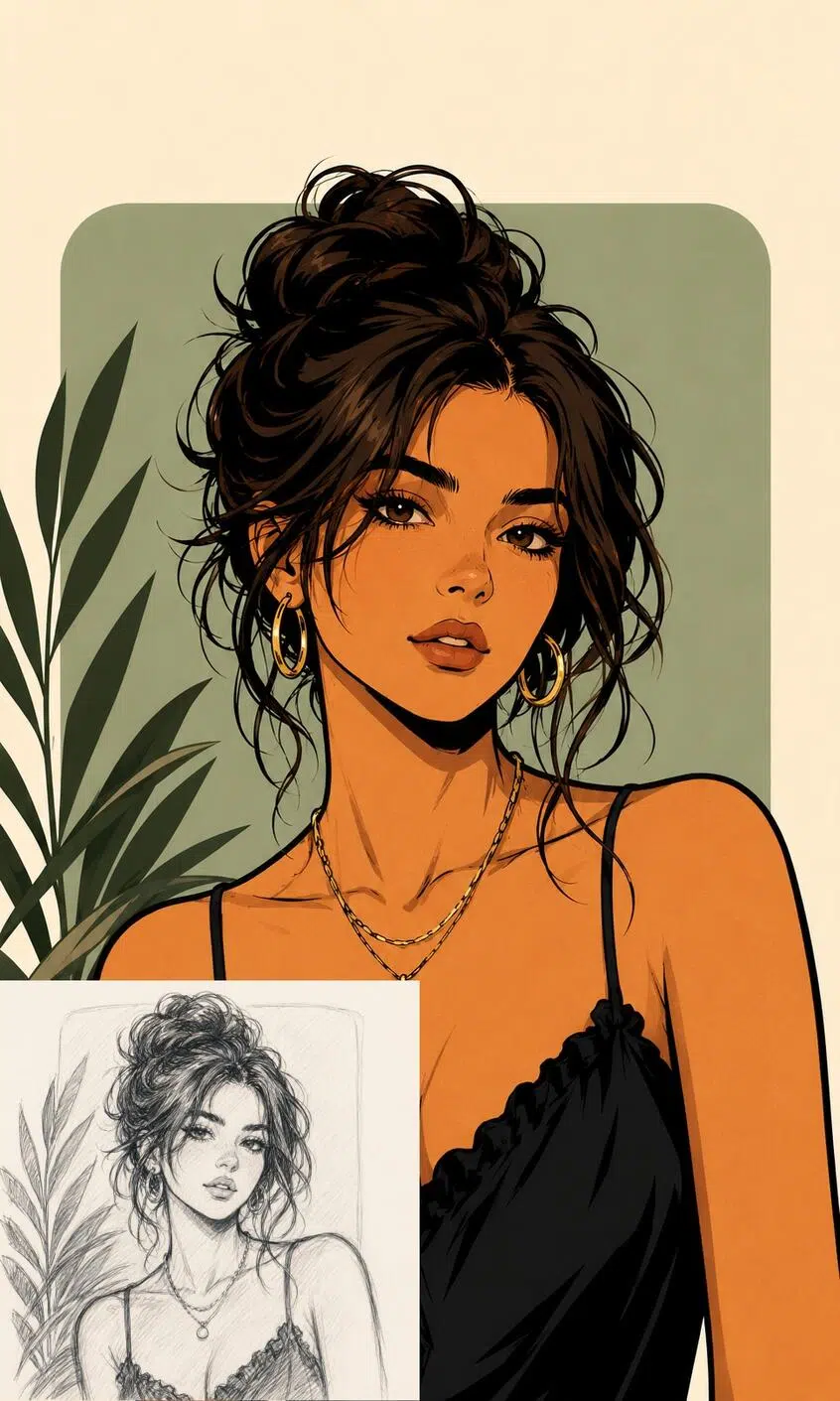 Clean vector character portrait of a woman with dark hair and gold jewelry