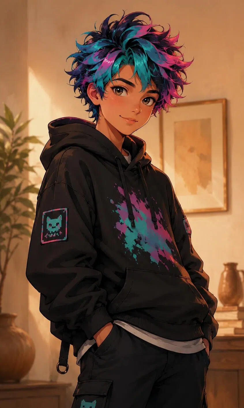 High-quality digital cartoon portrait of a stylish character in a warm indoor room